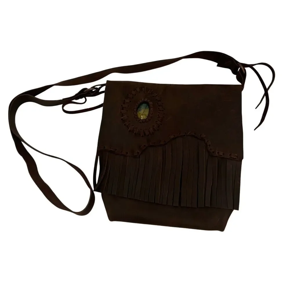 Handmade Brown leather fringe Crossbody bag